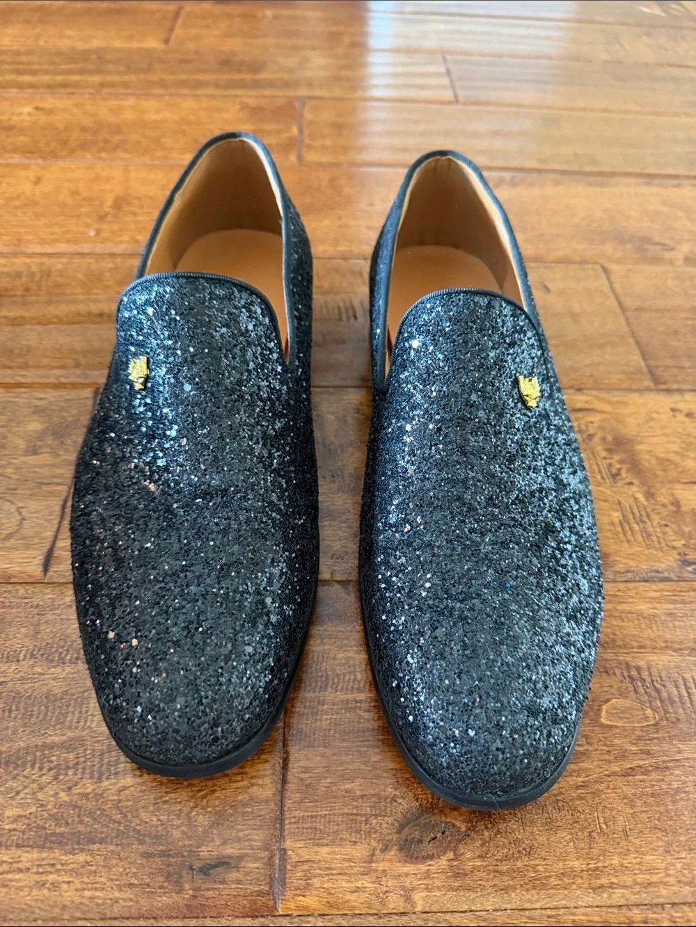 Men's Black Glitter Slip-On Loafers with Gold Crest Accent